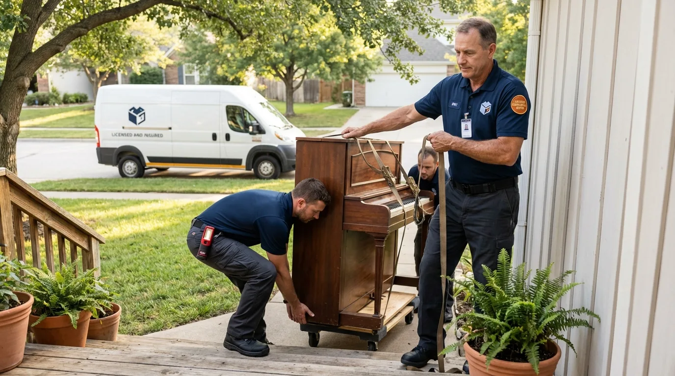 Licensed piano movers securing grand piano in Canandaigua, NY