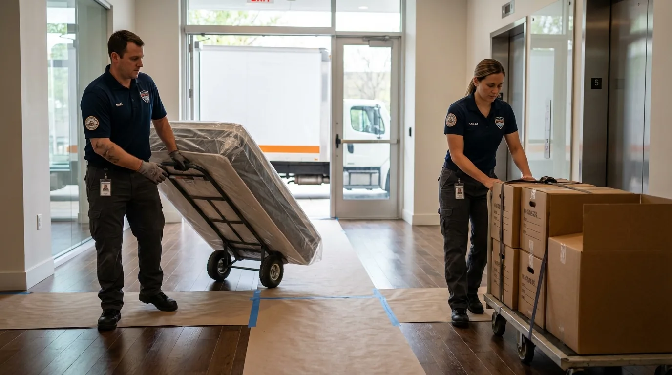 Professional apartment movers loading elevator in Canandaigua, NY